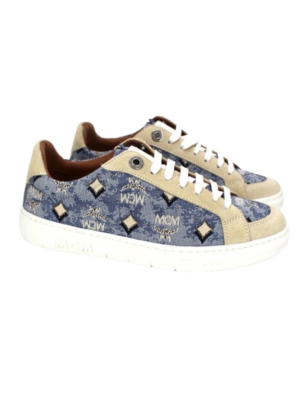 𝐌𝐂𝐌 𝐍𝐞𝐰 𝐢𝐧 𝐁𝐨𝐱 Jacquard Monogram Low Blue Denim Suede Sneakers